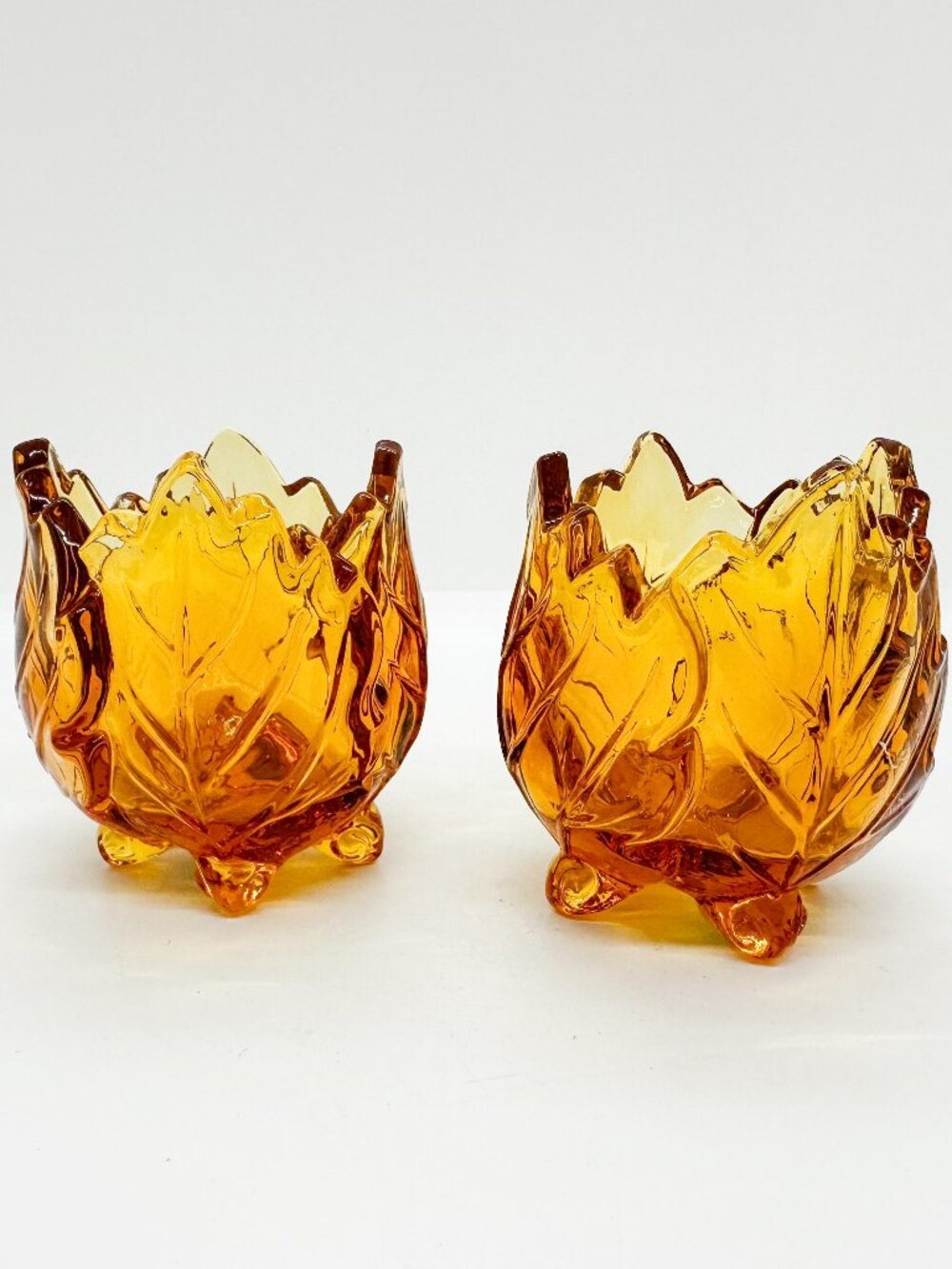 Vintage Amber Glass Candle Holder Leaf Leaves Fall Whimsigoth Witchy Halloween